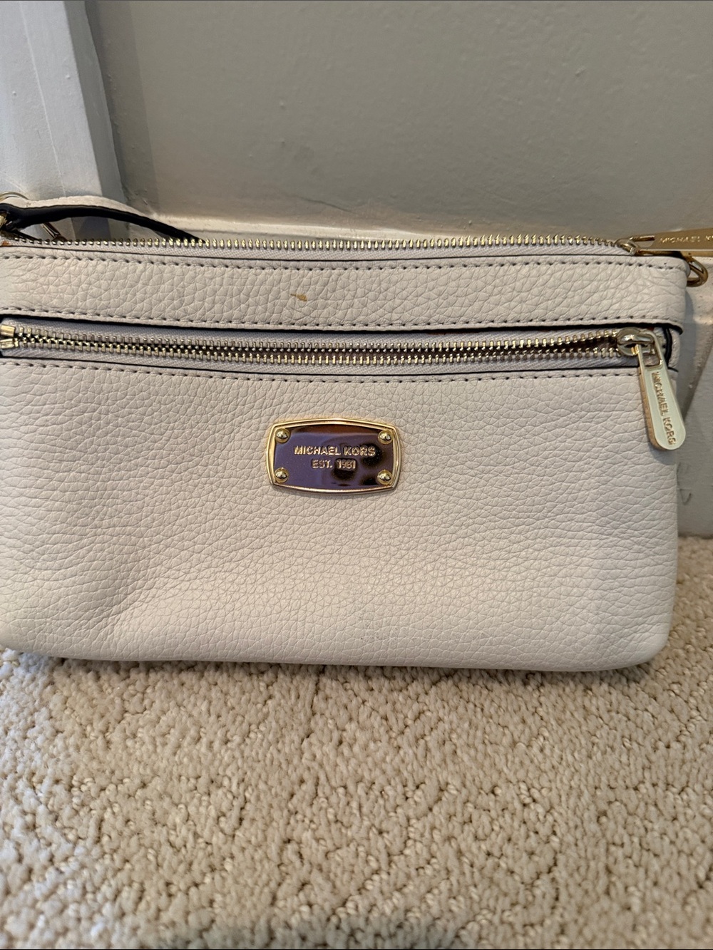 Michael Kors White Pebbled Leather Crossbody Wristlet with Gold Hardware